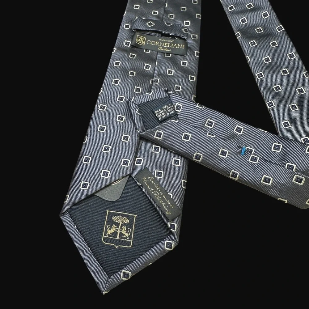 Corneliani Italy Silk Tie Grey Blue Geometric Square Hand Stitched Men Necktie
